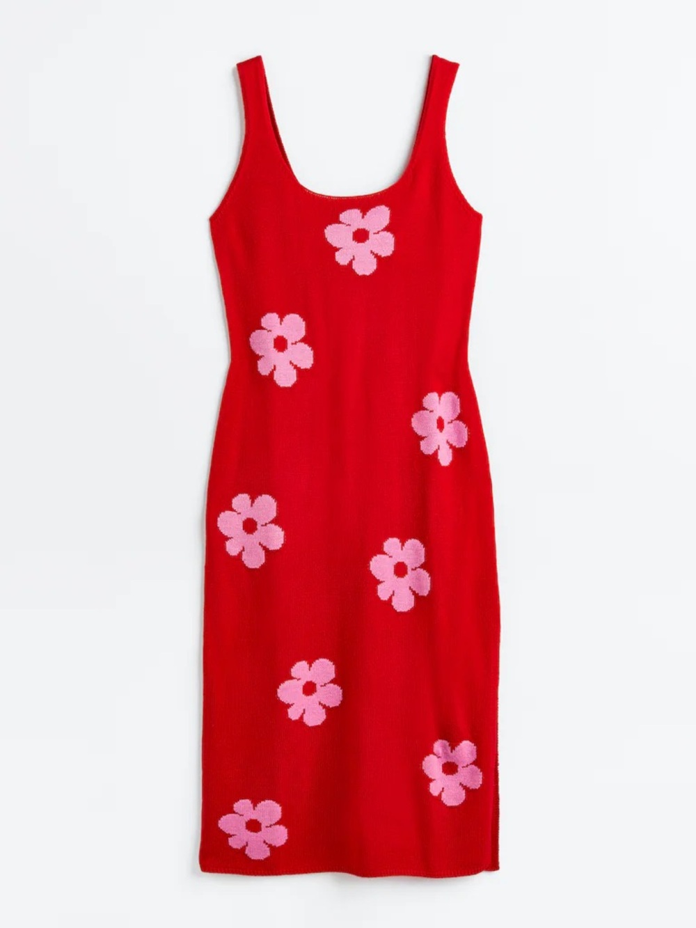 H&M Red Midi Dress with Pink Flower Motif